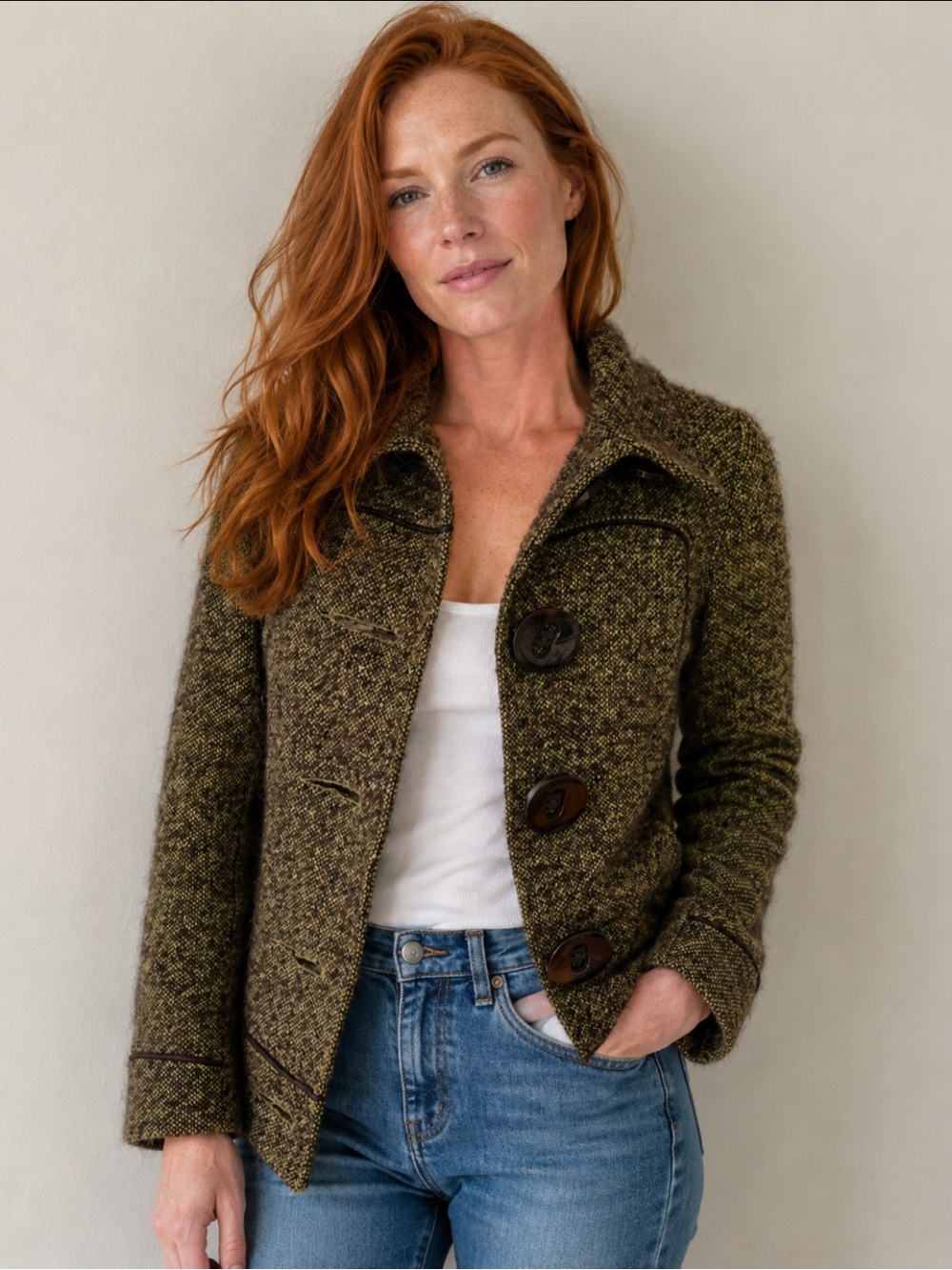 Soia & Kyo Olive Tweed Button Jacket